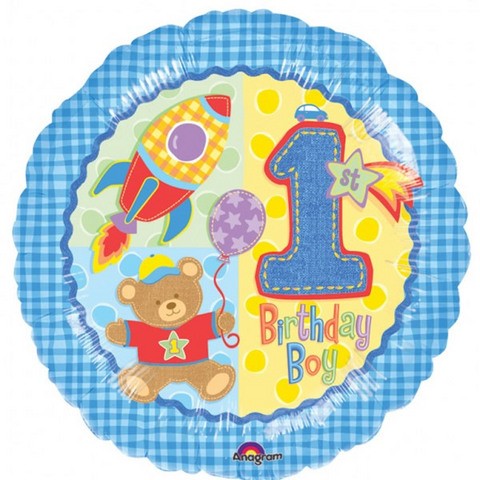 18in Hugs & Stitches 1st Birthday Boy Foil